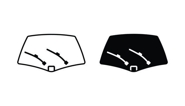 Vehicle windshield with dual wiper blades displayed as a technical line art and solid black silhouette icon set for automotive maintenance and car parts e-commerce branding