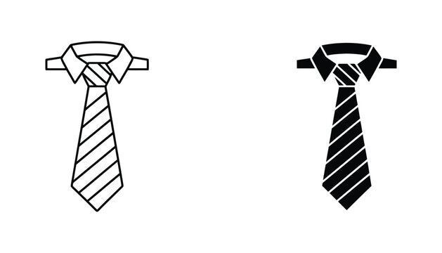 Formal business necktie icon set featuring a striped pattern in line art and solid black silhouette for corporate identity and professional dress code graphic design