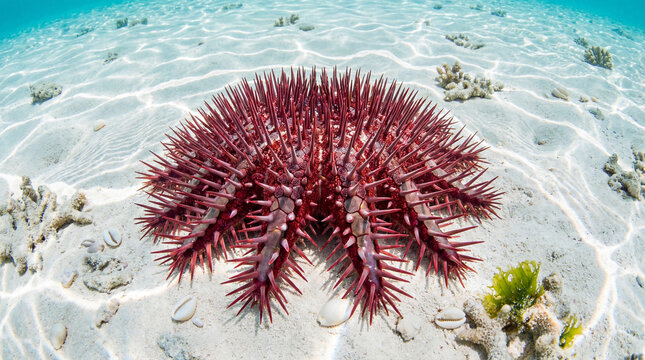Red crown-of-thorns starfish on shallow sandy reef in clear tropical water