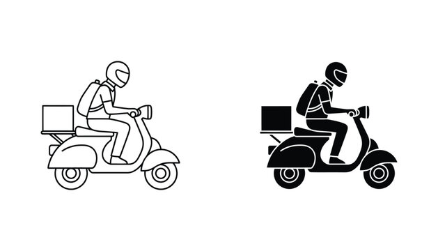 Delivery scooter rider icon set displaying courier on motorbike in outline and solid black versions for logistics and food delivery platforms