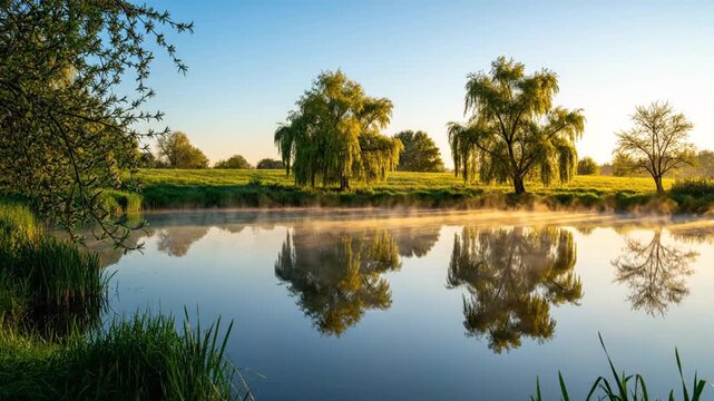 Tranquil morning light reflects on a calm lake surrounded by lush green trees and grasses, creating a serene natural landscape