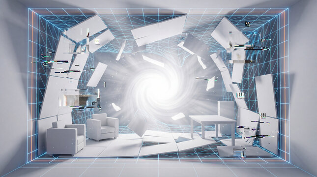 Swirling portal at the room center, glitching walls and shattered panels sending floating chairs and a table into a virtual, grid-lined cyberspace vr environment.