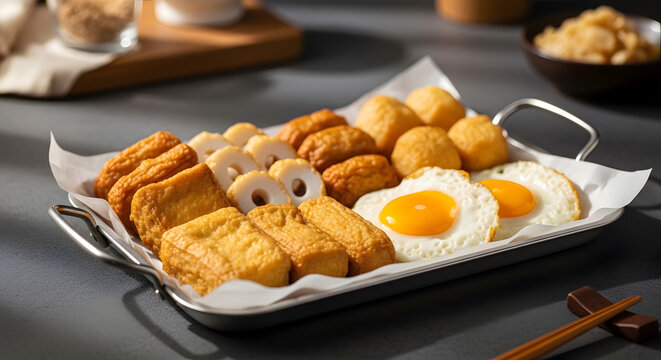 Aneka olahan ikan goreng kamaboko dan tahu dengan telur mata sapi di nampan logam, hidangan lauk bergizi tinggi untuk sarapan pagi yang sempurna