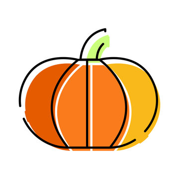 Orange pumpkin vegetable with a black outline and colored fill, symbolizing autumn, harvest, and seasonal celebrations like halloween and thanksgiving, offering a simple graphic element