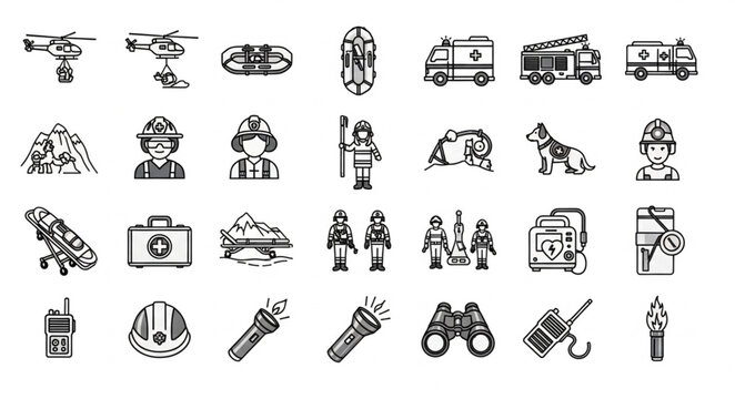 Collection of rescue and emergency service icons in black and white.