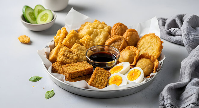 Piring saji berisi aneka gorengan tahu tempe bakso ikan dan telur dengan saus kecap manis, sajian camilan santai khas nusantara berselera tinggi