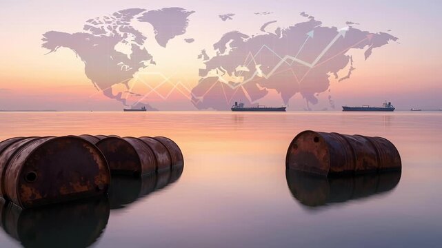 Oil barrel floating sea with cargo ships symbolizing global energy crisis petroleum supply chain challenges shipping industry amid global shipping supply chain facing energy crisis and petroleum