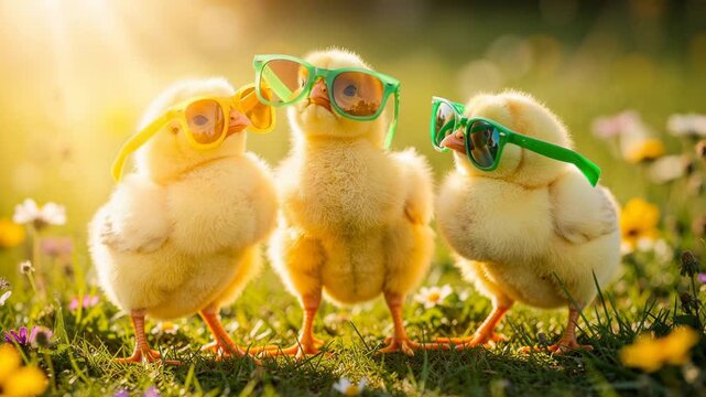 Cute baby chicks wearing colorful sunglasses standing on grass with flowers in warm sunlight