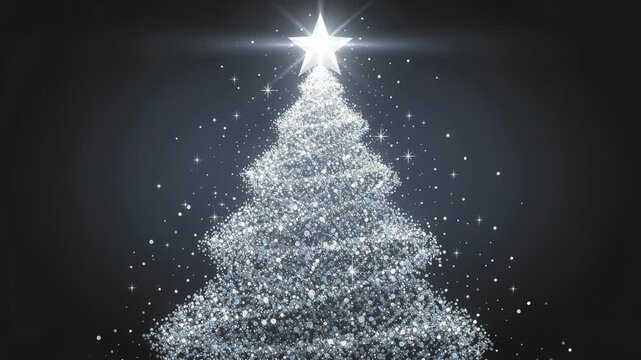 Shimmering silver Christmas tree with sparkling star on top glowing on dark background