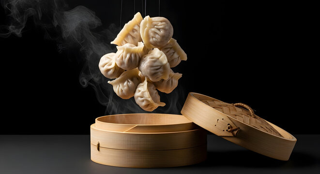 Pangsit dim sum panas melayang di atas kukusan bambu tradisional dengan uap mengepul latar belakang hitam dramatis