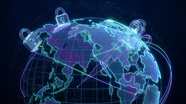 Global energy crisis impacts petroleum shipping supply chain with oil barrel cargo security challenges digital protection illustrated by locks on glowing globe representing worldwide shipping networks