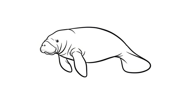 Simple Line Drawing of Manatee Swimming.