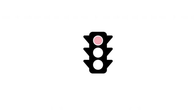 Animated traffic light with red signal glowing on white background. Flat bold icon, light turn-on effect. Perfect for stop, rules, safety, explainer content. 16:9 landscape.