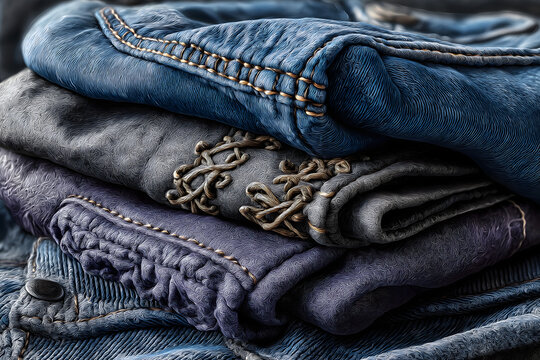 Close-up studio shot of neatly folded stacked denim jeans with intricate stitching and textured fabric details