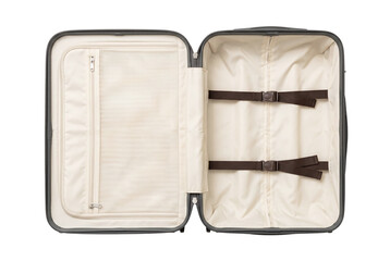 Open empty grey hard shell suitcase showing interior © PEE PHIBAN