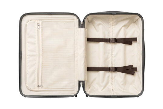 Open empty grey hard shell suitcase showing interior