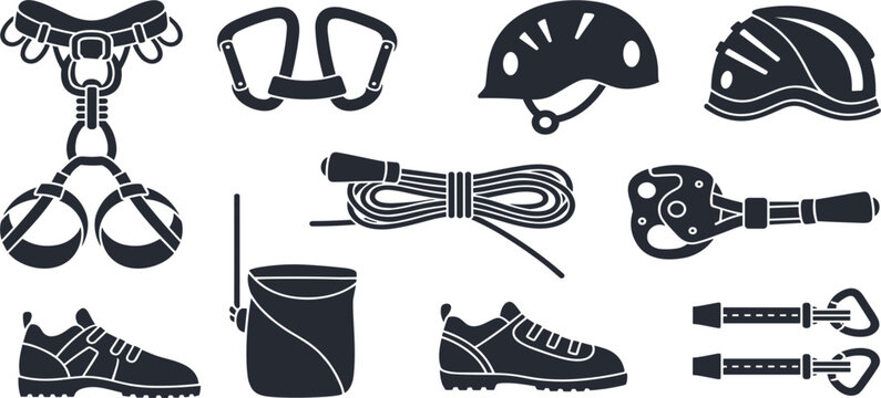 Rock Climbing Equipment Icon Set with Harness Helmet Rope Shoes and Safety Gear Vector Collection