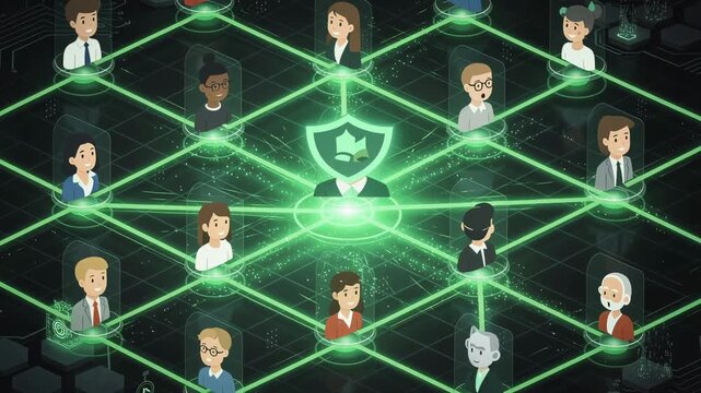 Digital network with diverse people connected by glowing green lines and shield symbol representing cybersecurity and teamwork