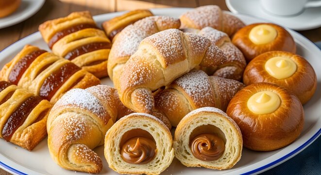 Assortment of traditional Argentine pastries, including medialunas with dulce de leche and sweet facturas