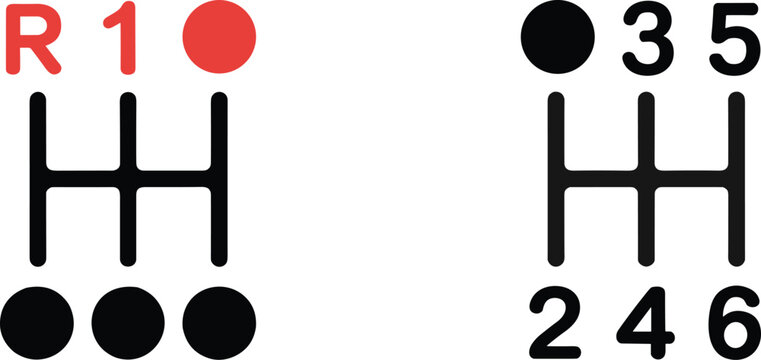 Manual car gear shift pattern icons showing five and six speed transmission layouts with reverse gear for automotive and driving instruction