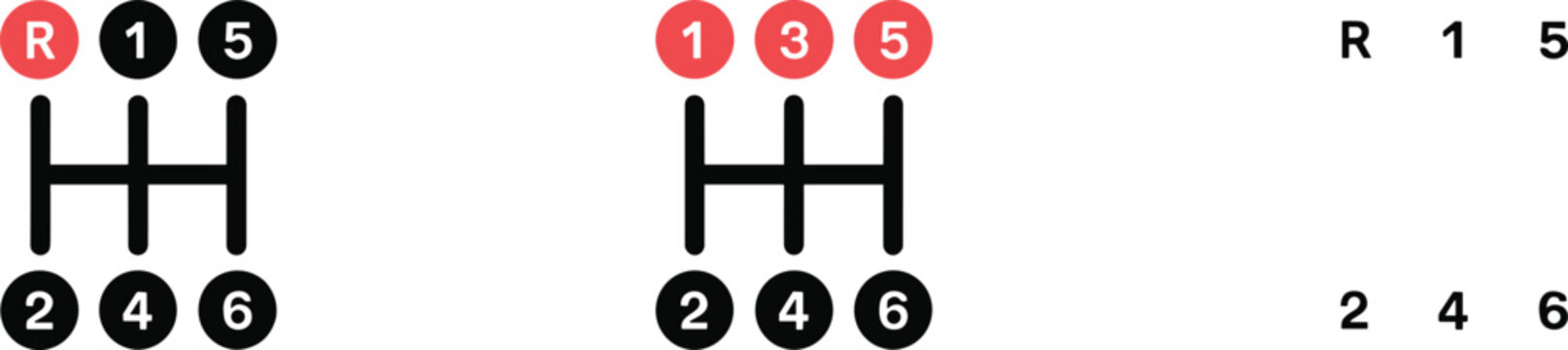 Manual car gear shift pattern icons showing five and six speed transmission layouts with reverse gear for automotive and driving instruction