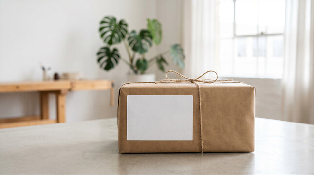Brown paper wrapped package tied with twine and blank label mockup on table minimalist lifestyle scene for shipping or gift box