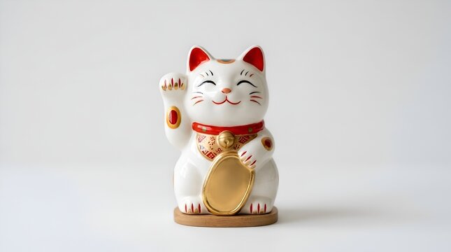 Traditional Japanese Maneki Neko Lucky Cat Figurine for Wealth and Good Fortune Isolated on White