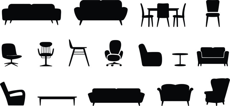 Furniture, modern silhouette set in section view including chairs sofas tables and armchairs, CAD style drawings vector illustration design.
