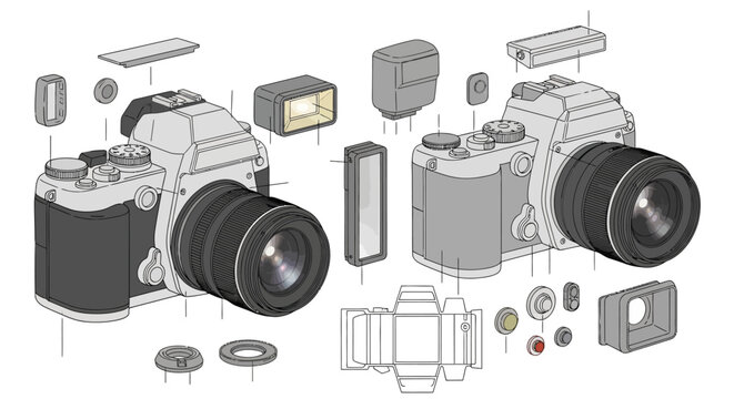 Cameras and modular parts are displayed as an exploded view illustration.