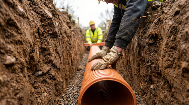 Construction workers installing a corrugated plastic drainage pipe in a trench on a building site