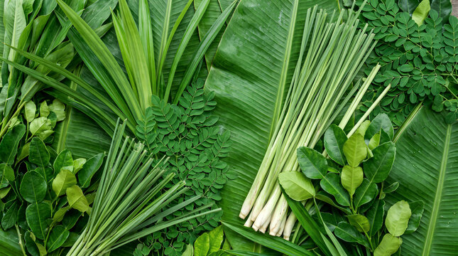 Fresh tropical herbs and spices including lemongrass, pandan leaves, kaffir lime leaves, and moringa leaves arranged on banana leaves