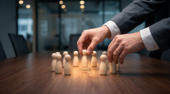 Business leader choosing a wooden peg doll from a group, representing talent management, recruitment, leadership, and team building concept