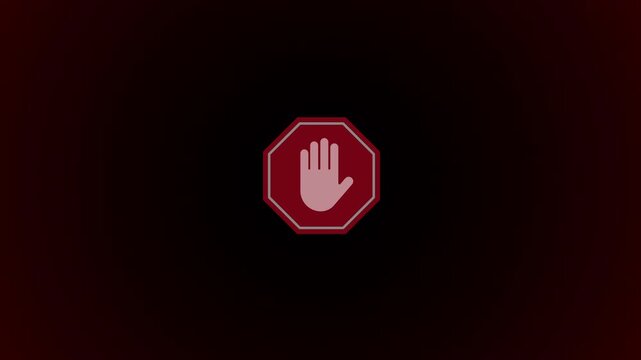 Animated stop hand octagon sign on dark background with red glow. Cinematic scale-up fade effect. Ideal for halt, road safety, restriction, dramatic scenes. 16:9 landscape.