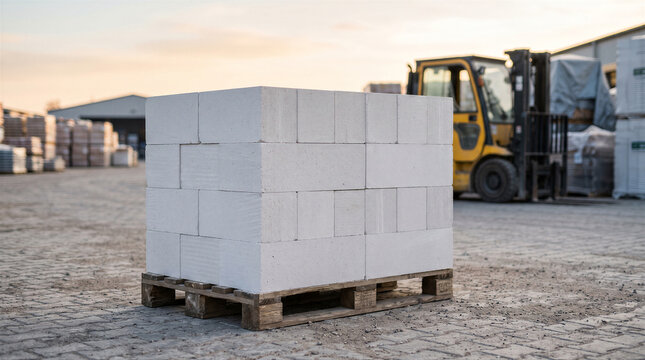 Stack of white aerated concrete blocks on a wooden pallet in a construction material warehouse with a forklift in the background