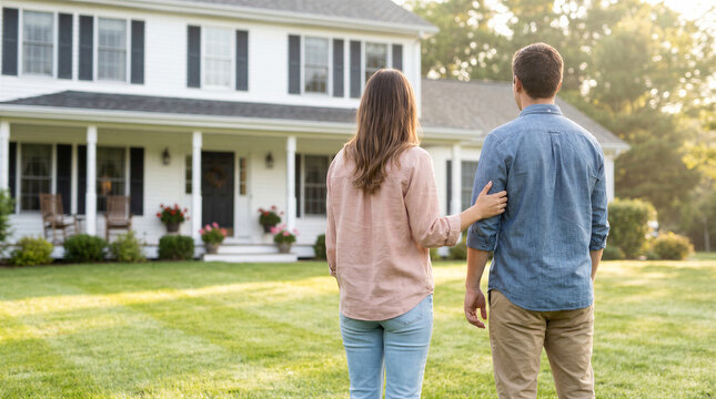 Rear view of a young couple standing on the lawn in front of their new white colonial style home, looking at the house together
