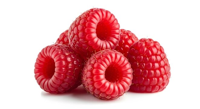 Small pile of ripe red raspberries on white background