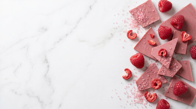 Pink ruby chocolate bark with fresh and dried raspberries on white marble background flat lay top view with copy space