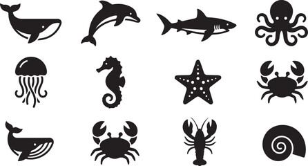 Black silhouette of various sea creatures including octopus fish jellyfish starfish and seahorse black silhouettes © DS STORE