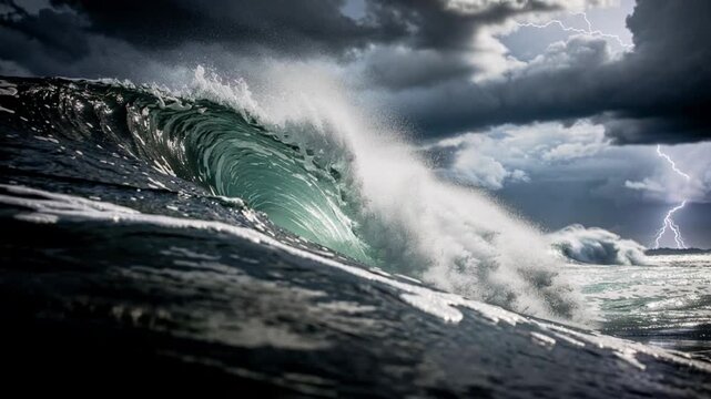 Powerful ocean waves crashing under stormy dark clouds with lightning in dramatic seascape