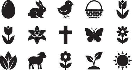 Black silhouettes of various animals plants and symbols on white background © DS STORE