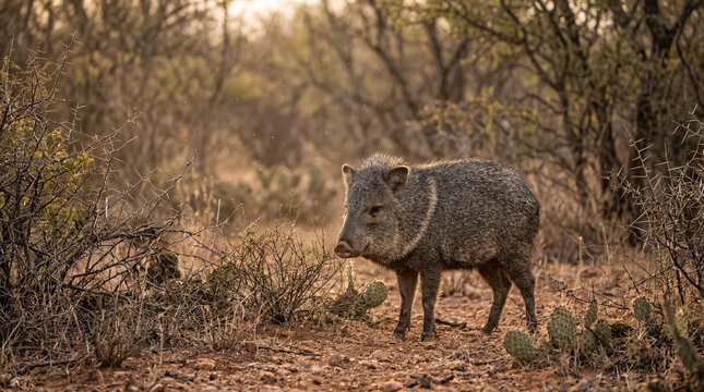 Collared peccary javelina standing in a dry natural desert scrub habitat
