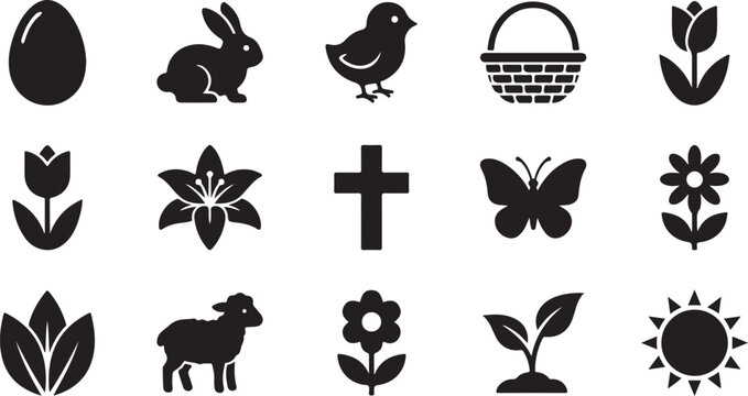 Black silhouettes of various animals plants and symbols on white background