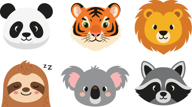 Cute cartoon animal face set including panda tiger lion sloth koala and raccoon adorable wildlife character icons vector illustration isolated