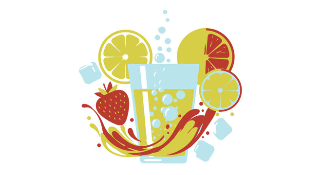 Refreshing fruit juice illustration with citrus slices and strawberry splash