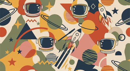 Cosmic adventure astronauts rockets and planets in a colorful universe design © Arisa