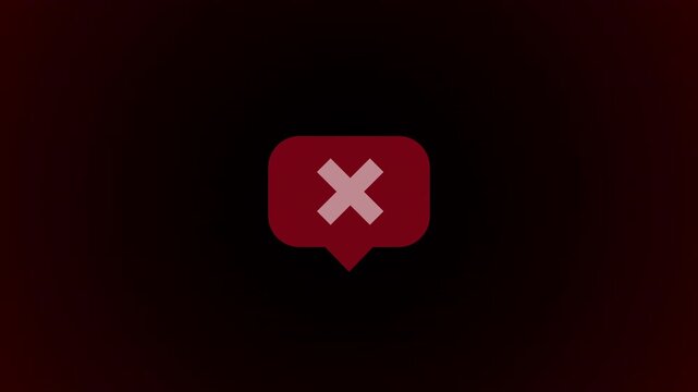 Animated chat bubble X sign on dark background with red glow. Speech bubble with cross icon, cinematic scale-up fade. Perfect for rejected message, blocked, error chat. 16:9.
