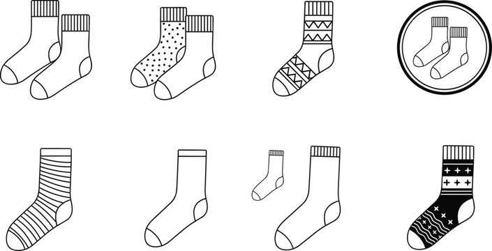 Sock icons set various patterns footwear clothing minimal outline vector collection cozy fashion design