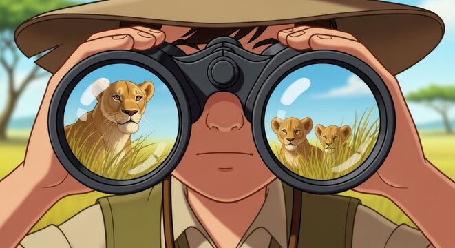 Safari Adventure - Observing Lions Through Binoculars.
