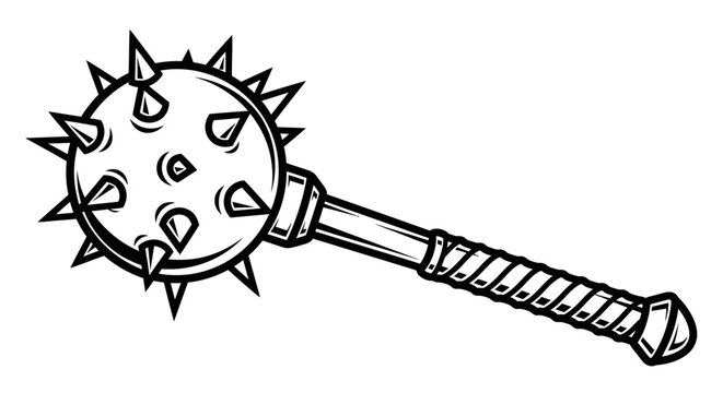 Black and white illustration of a medieval mace weapon isolated