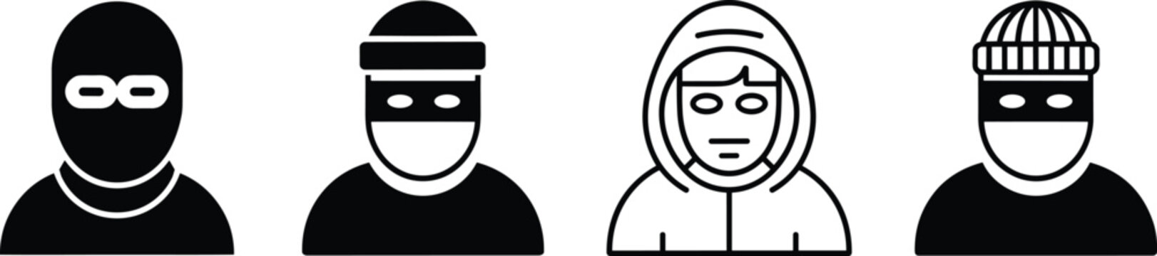 Set of thief hacker and criminal avatar icons featuring masked figures and hooded characters for cybersecurity and crime prevention designs